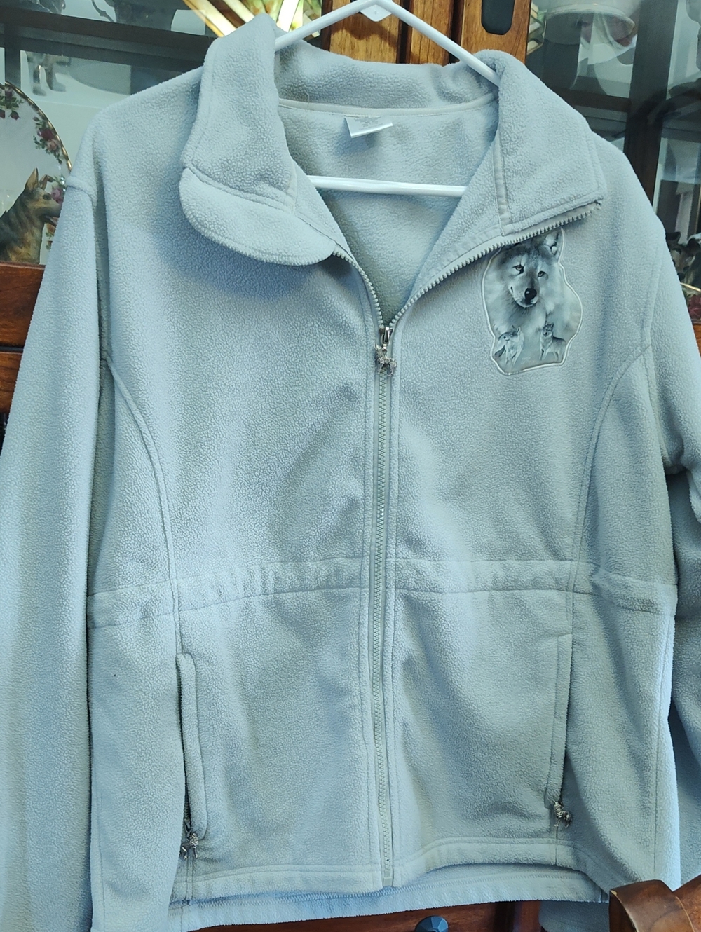 Bradford Exchange Light Grayish Blue Woman's Fleece Jacket with Wolf Patch